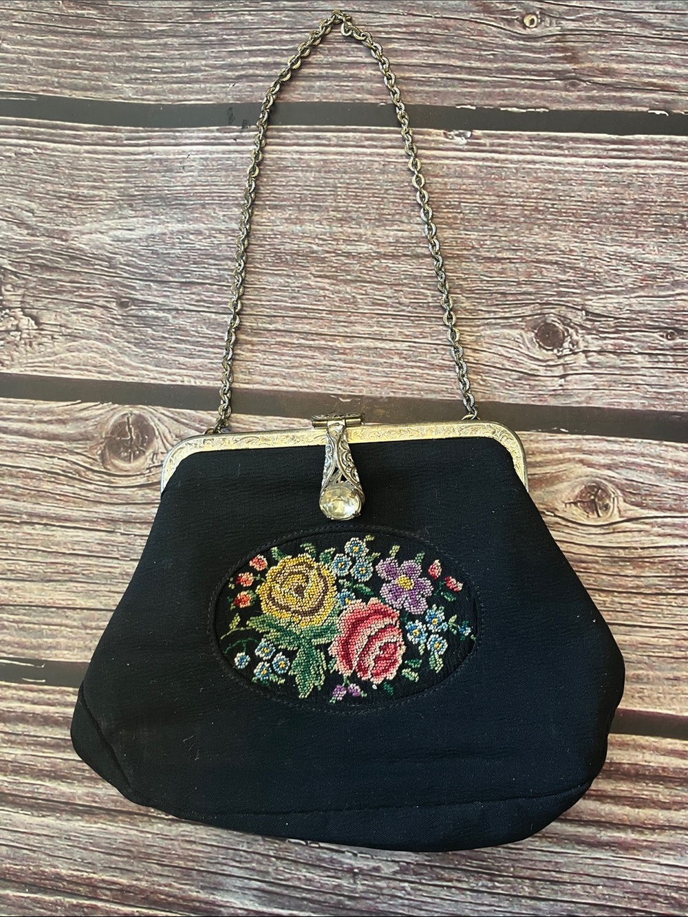 Petite Black Floral Needlepoint Evening Bag with Gorgeous Clasp Closure